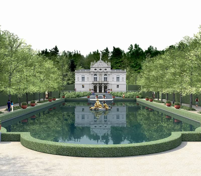 Formal garden with water feature, golden statue, trees, hedges, and a white classical building.