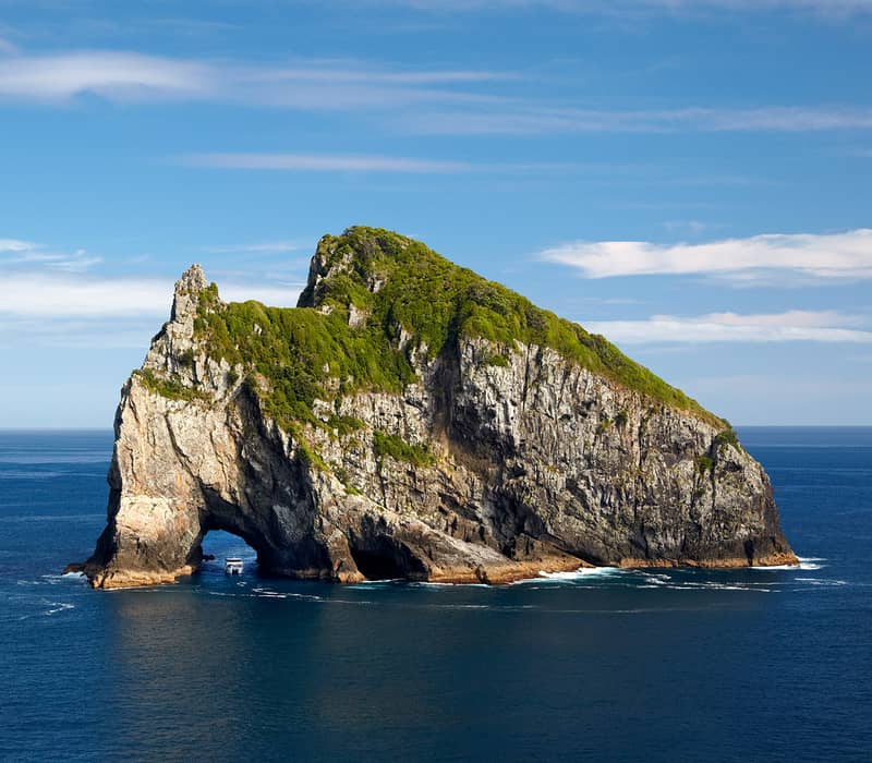 A large rock formation in the ocean with a natural tunnel archway, a popular tourist site in the Bay of Islands.