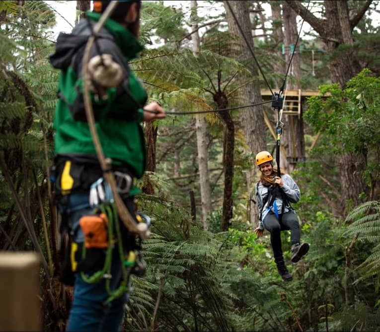 Person ziplining through a forest wearing a helmet and harness, with a guide in the foreground.