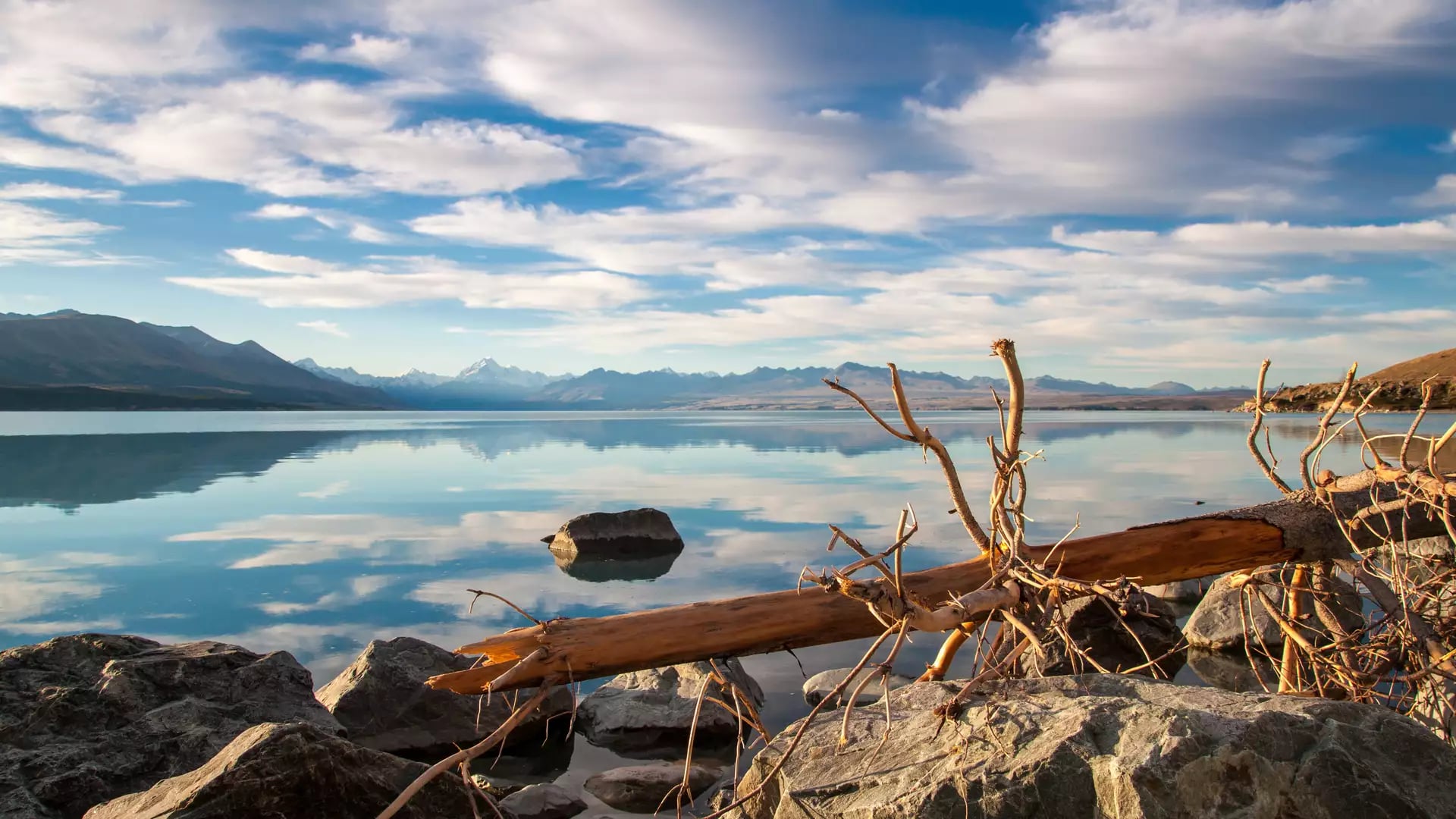 A calm, reflective view of Lake Pukaki with a piece of driftwood on rocky shores in the foreground and the snow-capped peak of Mount Cook in the far distance under a cloudy blue sky.