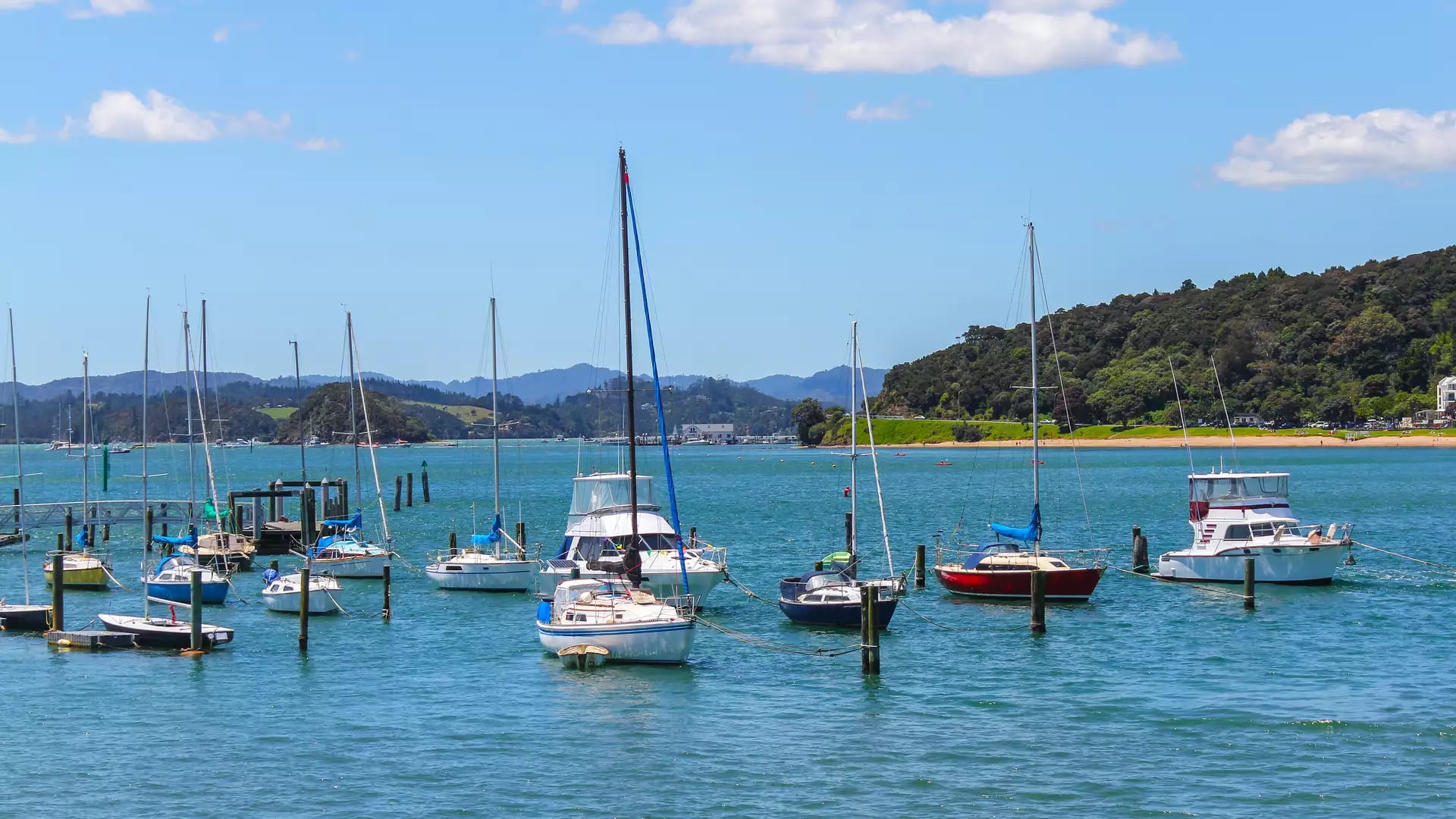 Multiple sailboats anchored in a bright blue bay with lush green hills and a sandy beach in the distance.